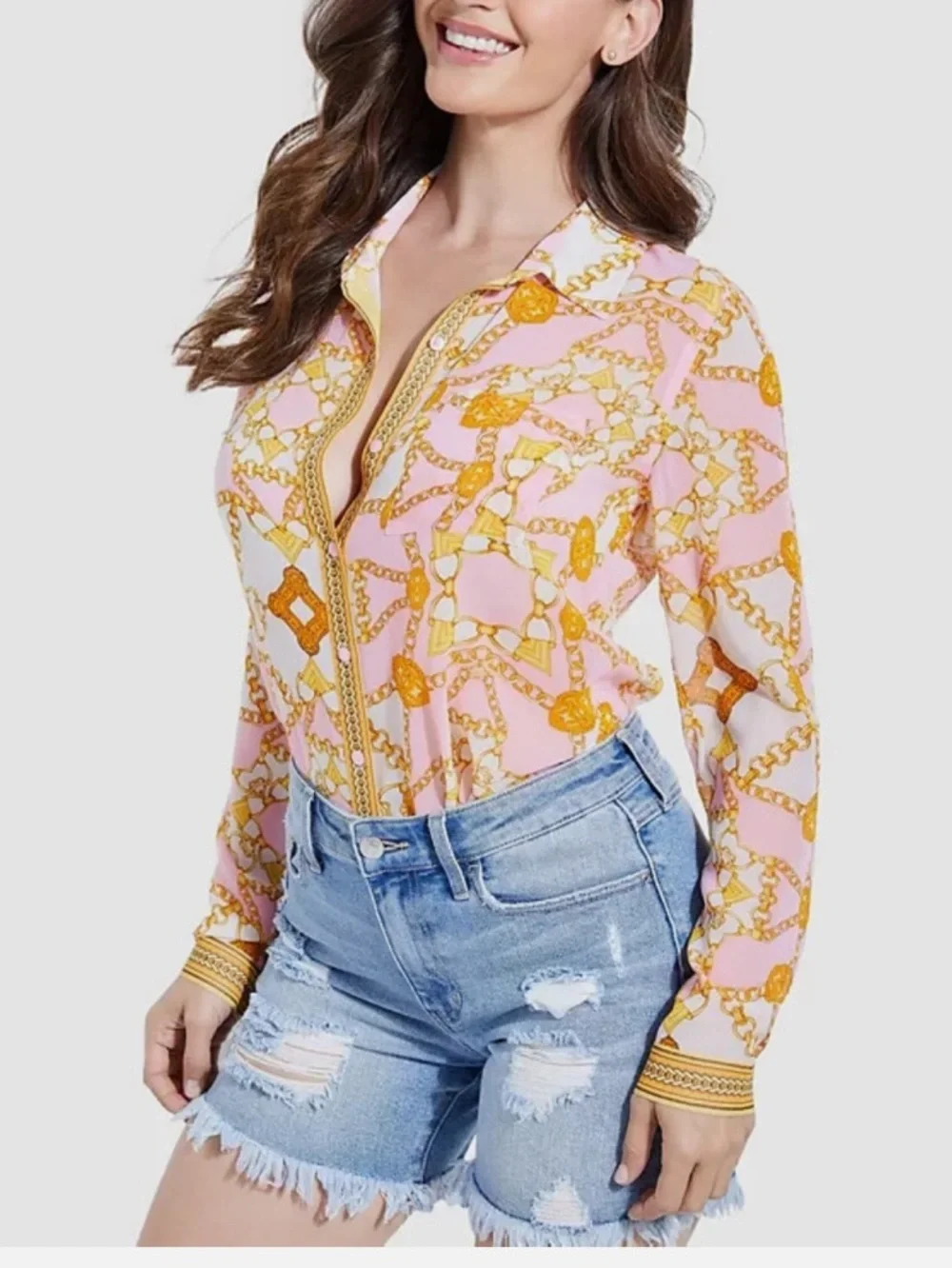 Guess women's Madyson long sleeves shirt pink and gold chain print size XS/S - Picture 4 of 9
